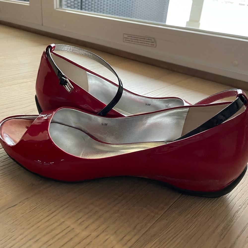 Red Patent Leather Peep-Toe Flats